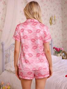 2pcs/Set Gradient Lip Print Pajama Set, Cute Lapel Button Short Sleeve Top And Bow Shorts, Women's Sleepwear And Loungewear - Pink - View 2