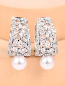 1 Pair Of Elegant And Exquisite Full-Set Openwork Zirconia Earrings With Wide Rims For Women-Perfect For Commuting, Parties, And Everyday Wear - Silver - View 2
