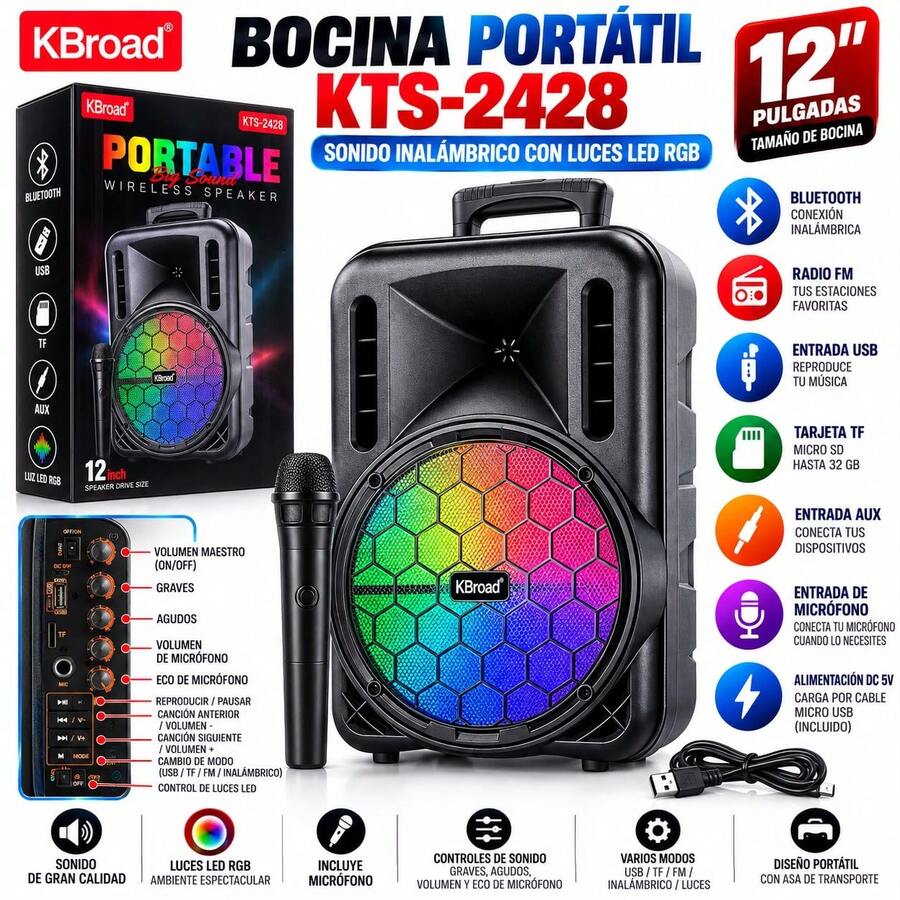 Bocina Bluetooth Portátil 12 Pulgadas con Altavoz Potente, Speaker Inalámbrico Recargable, Luces LED RGB Multicolor, Micrófono Incluido, Radio FM, USB, Tarjeta TF, Entrada AUX, Asa de Transporte, Equipo de Sonido para Fiestas, Karaoke y Música - Ver 1