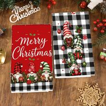 2入組聖誕廚房抹布，水牛格紋小精靈與Merry Christmas印花餐巾，節日居家裝飾手用茶巾 - 彩色 - 查看 6