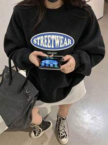 Minimalist Retro Blue Letter Print Women's Crew Neck Sweatshirt, Oversized Street Style, Versatile Everyday Outerwear, Autumn Sweatshirt - Black - View 10