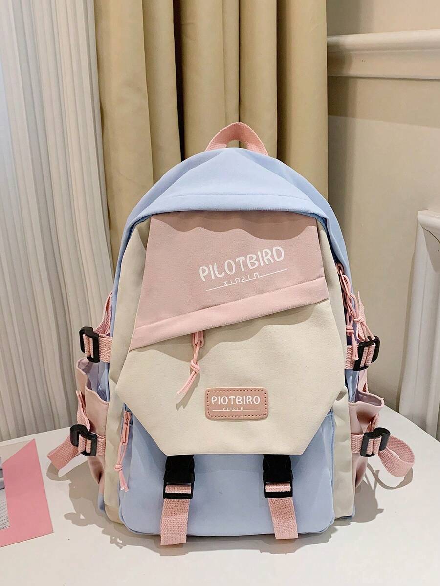 Pilotbird Student Backpack Large Capacity Colorblock Multi-Pocket Casual Shoulder Bag - Pink - View 1
