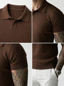 GRDR Men's Summer Knit Polo Shirt, Solid Color Short Sleeve Knitted Collar, Suitable For Summer Outings, Essential For Fashionable Outfit - Brown - View 7