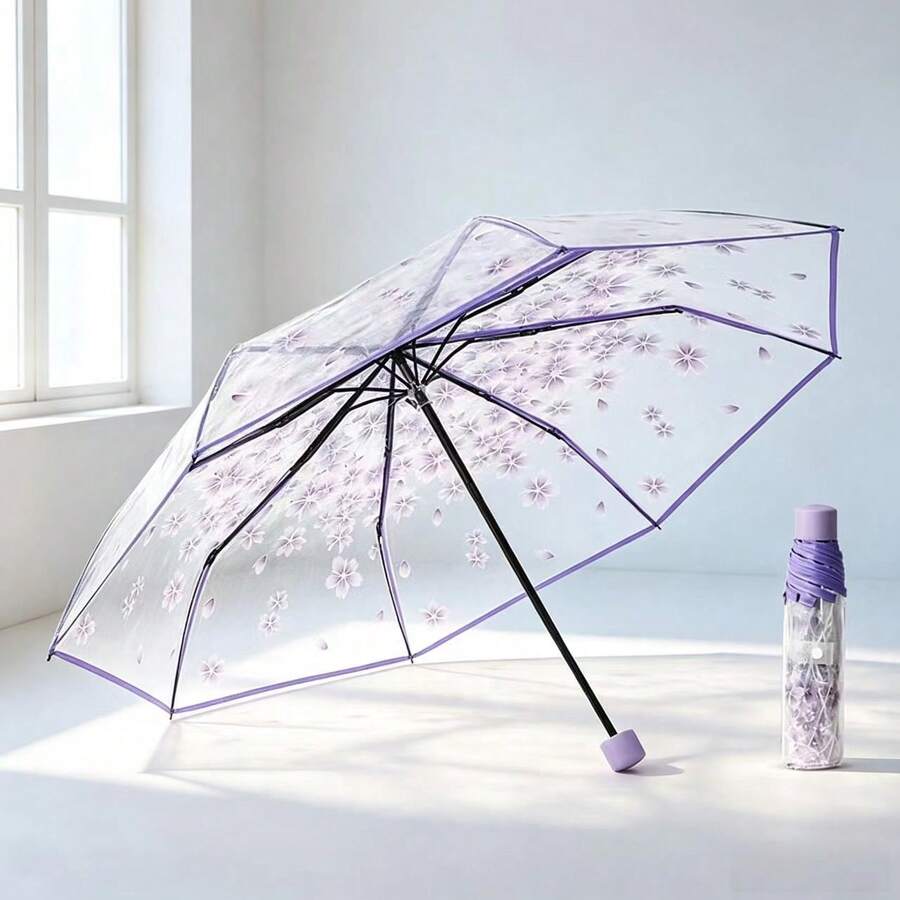 1pc Transparent Printed Portable Folding Umbrella Suitable For Outdoor Travel Decoration - Multicolor - View 1