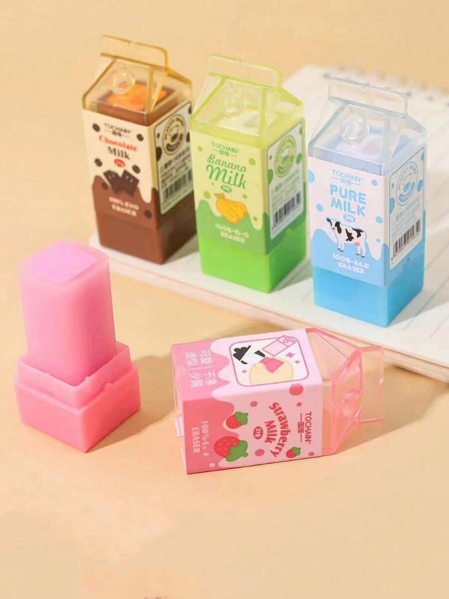 1/2/4/24pcs Milk Erasers, Mini Banana Chocolate Milk Carton Shaped, Low Dust PVC Material, For Pencil Cleaning, Suitable For Back To School Students, Graduation Season, Office - Multicolor - View 1