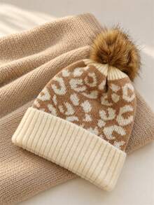 1pc Women's Autumn Winter Leopard Print Knit Beanie, Rolled Cuff Pom Pom Design Hatless Cap Halloween - Multicolor - View 6