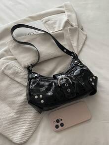2026 Autumn New Fashion Casual Underarm Bag, Personalized Minimalist Design With Rivets, Versatile Shoulder Bag Handbag - Black - View 8