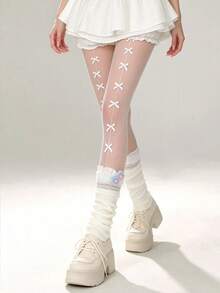 1 Pair Plus Size Japanese Multi-Bow Tights, Sweet & Pure For Daily, Must-Have - Multicolor - View 4