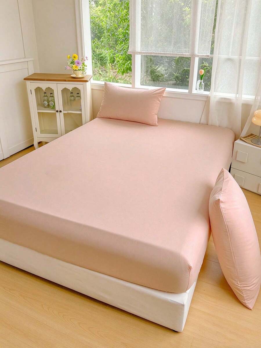 Camel Color Brushed Skin-Friendly Soft Comfortable 3 Pieces Fitted Sheet Set - Pink - View 1