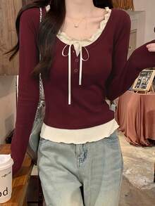 Blus Ruffle Lengan Panjang dengan Pita Manis untuk Wanita, Musim Semi/Panas, Hari Valentine, Atasan Musim Dingin - Burgundy - View 2