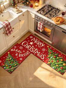 1/2pcs Christmas Kitchen Decor Rug, Christmas Tree Pattern Design Winter Kitchen Carpet And Mat, Non-Slip Washable Absorbent Kitchen Accessories Decorative Mat, Christmas Holiday Gift! - Multicolor - View 5