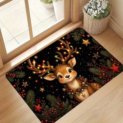 1pc Christmas Atmosphere Deer Entrance Door Mat, Non-Slip Machine Washable Easy Clean Polyester Carpet, Suitable For Home And Outdoor Decoration, Entryway, Bedroom, Balcony, Gift Home Decor