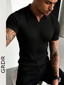 GRDR Men's Summer Knit Polo Shirt, Solid Color Short Sleeve Knit Collar, Suitable For Summer Outings, Essential For Fashionable Outfit - Black - View 3