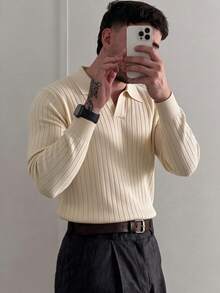 Men's Casual Minimalist Commuter Knit Long Sleeve Polo - Daily Wear Outfit - Apricot - View 3