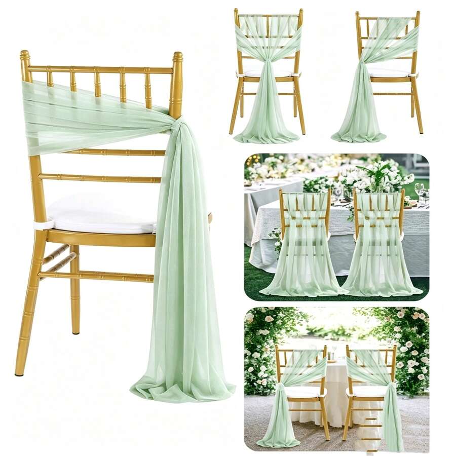 10pcs Elegant Light Green Chiffon Chair Back Covers Set, Corridor Wedding Chair Back Decoration, Church Chiffon Banquet Ceremony Reception Chair Set, Photography Props, Birthday Party Home Decor