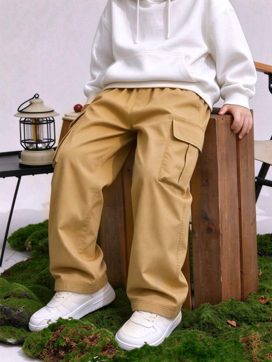 Boys' Single Piece Street Style Solid Color Wide Leg Cargo Pants, Multi-Pocket Elastic Waist School Uniform Pants - Khaki - View 1