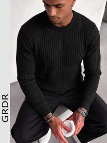 GRDR Men's Autumn/Winter Crew Neck Ribbed Sweater, Essential For Autumn/Winter, Suitable For Daily Wear - Black - View 3