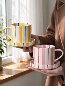 1set Ceramic Mug,Coffee Mug With Saucer,Striped Mug,Hand Painted Cup,Breakfast Cup,Home Tableware,Kitchen Decor,Gift For Her,Colorful Mug - Multicolor - View 5