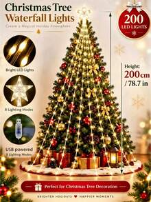 200 LED Christmas Tree Lights, USB Powered, Indoor/Outdoor Use, 8 Modes, Indoor Christmas String Lights, Christmas Tree Decoration, Create Holiday Atmosphere, Home Gift, Christmas Festival Lights - M17 Star Waterfall - View 3