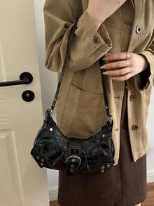 2026 Autumn New Fashion Casual Underarm Bag, Personalized Minimalist Design With Rivets, Versatile Shoulder Bag Handbag - Black - View 7