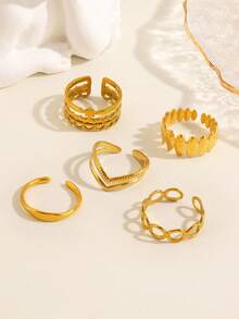 5pcs/Set Stainless Steel 18K Gold Plated Geometric Star Rings Set Suitable For Women's Daily Wear And Party - Multicolor - View 3