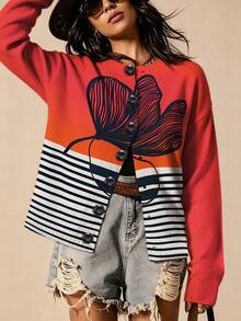 ASHKATIA Women's Plus-Size Knitted Top - Autumn And Winter Lightweight Cardigan, Floral And Striped Patchwork Print, Perfect For Everyday Layering - Multicolor - View 10