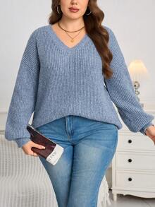 Sweater Rajut Longgar Kasual Serbaguna Lengan Panjang Warna Polos Leher V Ukuran Besar - Biru - View 5