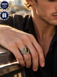 Cincin Pria Ukiran Gulir Antik Perak Sterling S925, Pita Lebar dengan Hiasan Bezel dan Tampilan Usang - Perak - View 3
