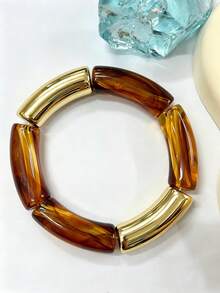 1-4pcs Vintage Marble Pattern Elastic Bracelets, Gold & Khaki Color Block, Stackable, For Women's Daily Wear, Suitable As Gifts For Friends And Family - Khaki - View 13