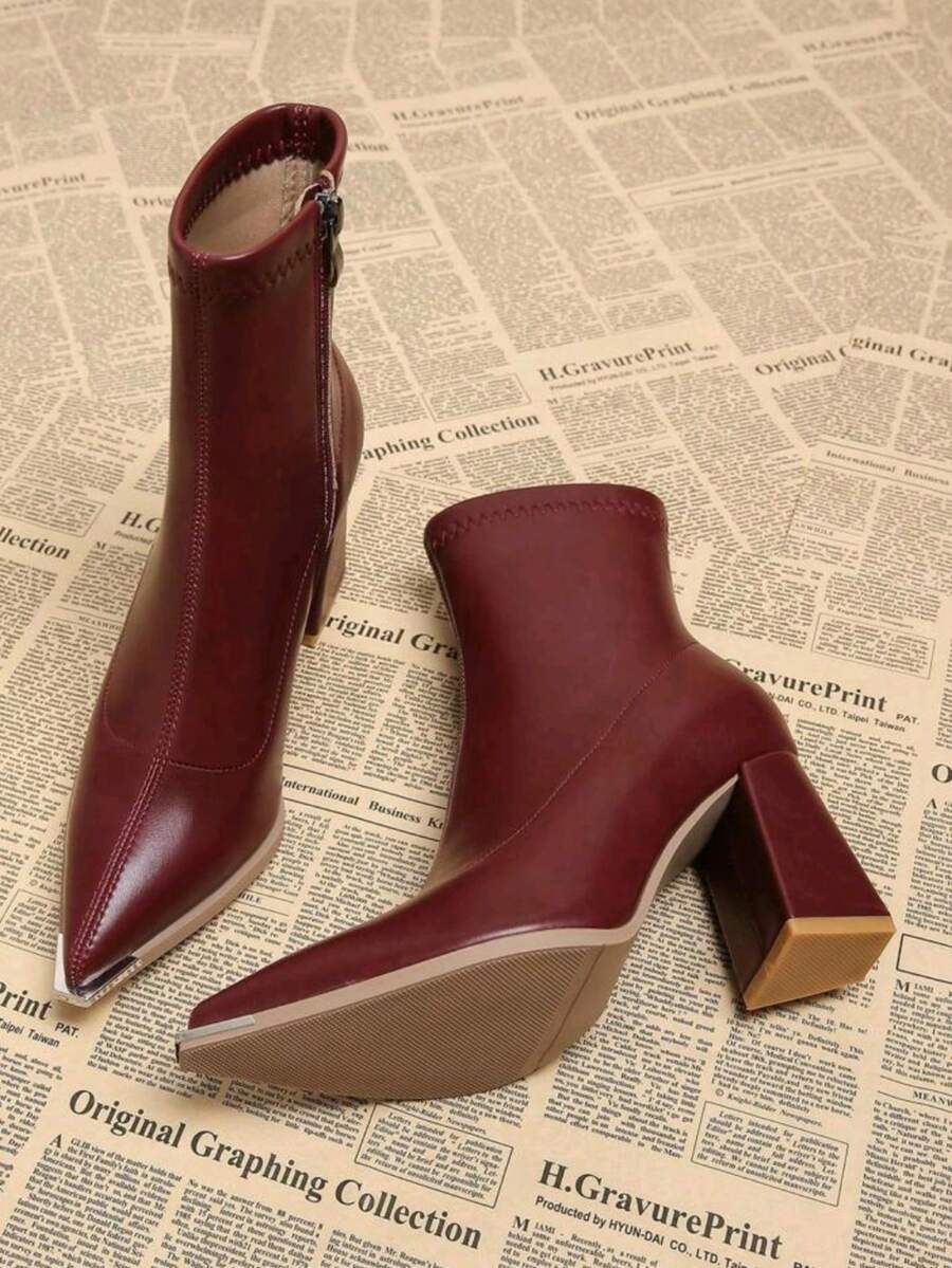 Fashionable High Heel Ankle Boots For Women 2025 Autumn/Winter New French Style Pointed Toe Chunky Heel Elegant Slim Fit Back Zipper Versatile Ankle Boots - Burgundy - View 1