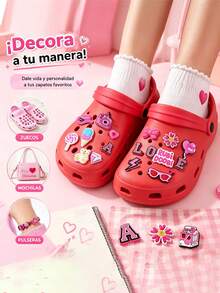 Hot-Selling Pink 20-100PCS Random Mixed Series DIY Shoe Charm Accessories, Suitable For Various Wristbands, Bags And Accessories - PVC Material, Ideal Gift For Birthday, Christmas, Valentine's Day - Pink - View 7