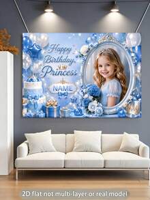 Customizable Photo & Name Princess Theme Happy Birthday Backdrop Banner, Blue & Gold Balloons, Cake, Floral, Gift Box, Gold Crown Decor Design, Suitable For Princess Theme Birthday, Baby Shower Party Background Decoration Photography Banner, Vinyl - Blue - View 4