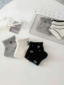 5 Pairs Bowknot And Polka Dot/Striped Pattern Short Socks/Mid-Calf Socks - Breathable No-Show Socks Suitable For Daily Wear, White And Black - Multicolor - View 5