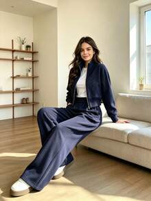 Women's Navy Blue Glitter Zip Up Stand Collar Jacket & High Waist Wide Leg Pants 2pcs Set, Casual Loungewear For Fall/Winter Concert Outfit - Navy - View 4