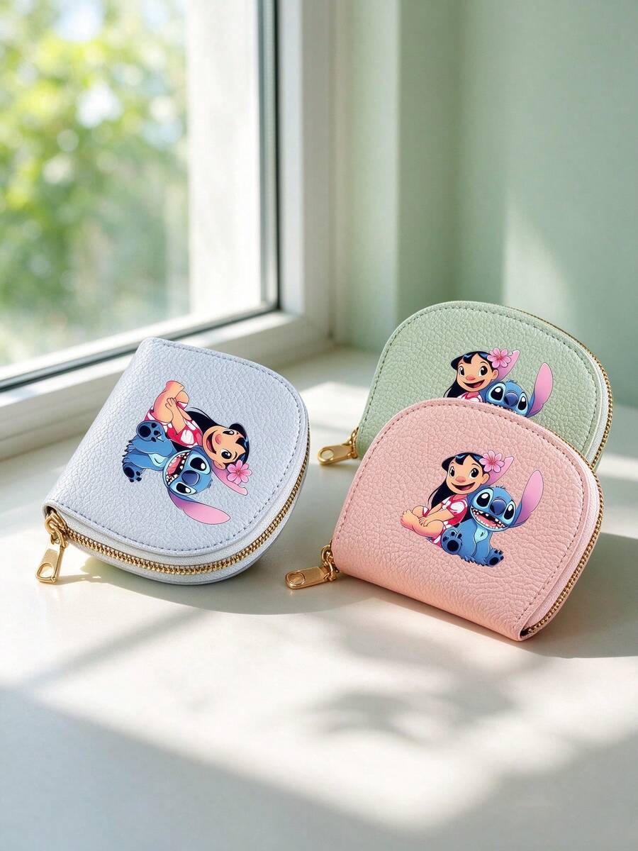 Disney 1pc Stitch Print Portable Shell Multi Card Slot Wallet, Compact Litchi Texture Credit Card Organizer & Zipper Coin Purse, Small Zipper Pouch - Multicolor - View 1