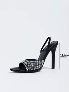 Women's Summer Fashion Elegant Satin Rhinestone Open Toe High Heel Sandals, Glamorous Sexy Slingback High Heels, Suitable For Matching With Dresses, Stiletto Heel, Black - Black - View 3