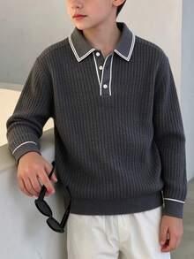男童針織 Polo 衫，白色對比飾邊長袖羅紋針織套頭衫，學院風休閒上衣 - 深灰色 - 查看 7