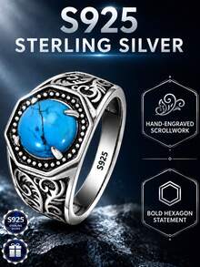 Nhẫn nam bạc Sterling S925 chạm khắc phong cách vintage, mặt nhẫn hình bát giác với đính đá kiểu móng vuốt, chế tác tinh xảo dày dặn - Bạc - Xem 2