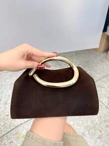Dedoo 1個時尚金屬裝飾迷你手拿包，優雅亮面金屬條紋設計，奢華女款，適合晚宴、婚禮、舞會 - 咖啡 - 查看 4