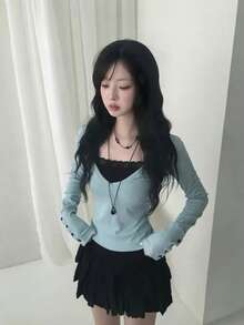 Áo thun nữ cổ chữ V tay dài phối lớp, thiết kế cổ tay cài nút, phối ren, 2 trong 1 - màu xanh lá - Xem 6