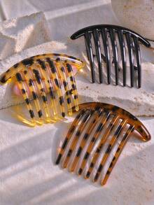 3pcs Vintage Tortoise Shell Resin French Side Hair Combs, Wide Tooth Curved Hair Clips, Non-Slip Updo Styling, Suitable For Daily Wear, Party, Thick Hair - Multicolor - View 2