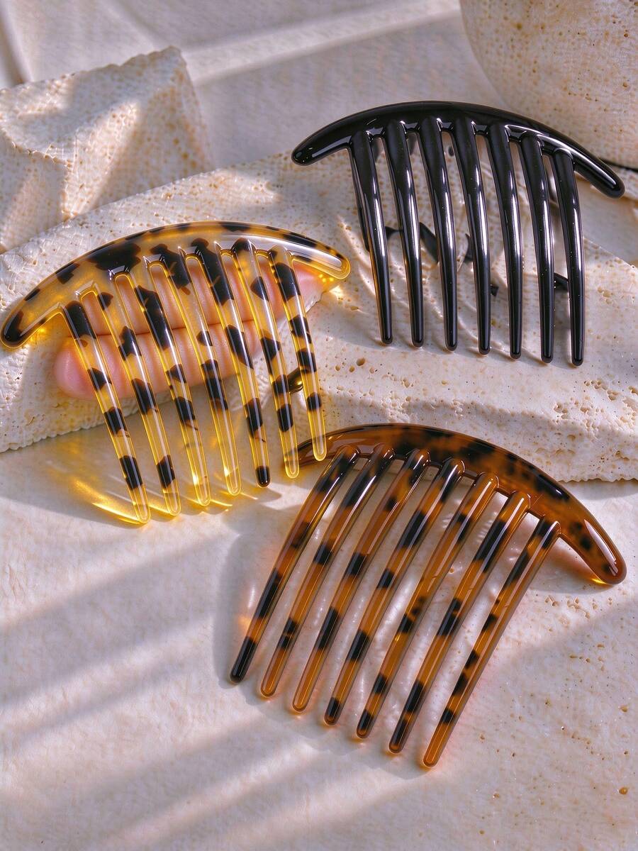 3pcs Vintage Tortoise Shell Resin French Side Hair Combs, Wide Tooth Curved Hair Clips, Non-Slip Updo Styling, Suitable For Daily Wear, Party, Thick Hair