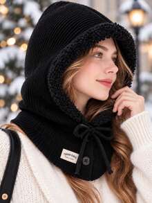 1pc Women's Warm Knitted Hooded Scarf, Soft Plush Trim Balaclava Neck Warmer, Adjustable Drawstring Ear Protection, Suitable For Skiing, Travel And Cold Weather - Multicolor - View 4