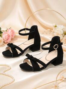 1 Pair Girls' Chunky Heel Sandals, Matte PU Cross-Woven Bow Decor, Round Toe Open Toe Flat Non-Slip Design, Simple Versatile Classic Elegant High Heel Sandals, Suitable For Daily Campus And Party - Apricot - View 6