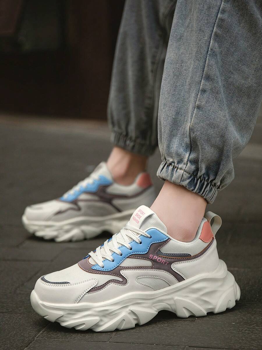 Men's Niche Colorblock Leather & Mesh Spliced Thick Sole Height-Increasing Chunky Sneakers, Low-Top Front Lace-Up Design Retro Street Style Casual Versatile Sneakers