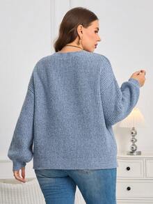 Sweater Rajut Longgar Kasual Serbaguna Lengan Panjang Warna Polos Leher V Ukuran Besar - Biru - View 3