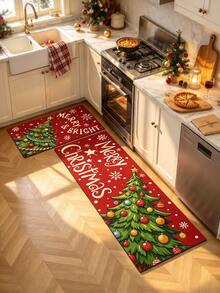 1/2pcs Christmas Kitchen Decor Rug, Christmas Tree Pattern Design Winter Kitchen Carpet And Mat, Non-Slip Washable Absorbent Kitchen Accessories Decorative Mat, Christmas Holiday Gift! - Multicolor - View 4