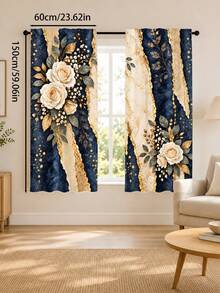 2pcs, Navy Blue Background With Beige Rose Pattern Printed Curtains, Single-Sided Printing, Semi-Sheer - Rod Pocket Curtains, Bedroom Living Room Kitchen Decoration, Multiple Sizes Available, Privacy Protection Machine Washable, Fade-Resistant Curtains (Rod Not Included) - A - View 12