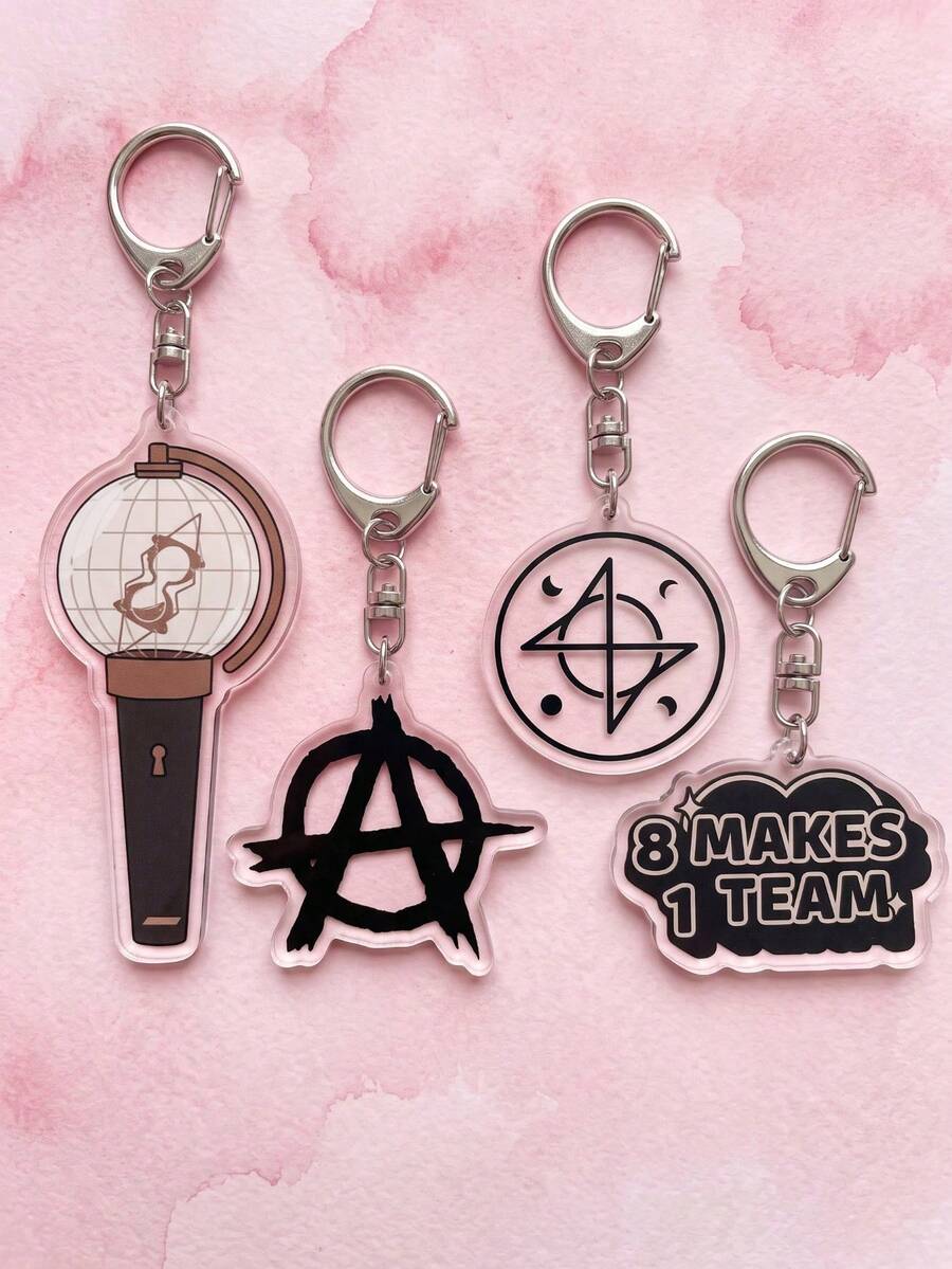 1Pc/4Pcs ATEE K-Pop Group Iconic Symbol & Cheer Slogan Themed Acrylic Keychains, Including Lightiny Light Stick, Round Group Logo & "8 MAKES 1 TEAM" Slogan Design, Fashionable Bag Charm, Suitable For Fan Gifts, Cheer Collection, All Seasons - Multicolor - View 1