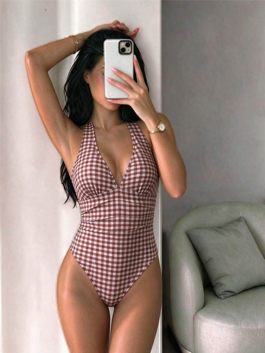 Women's Red And White Plaid Halter Neck Deep V-Neck One-Piece Swimsuit, Beachwear, Perfect For Seaside Pool Vacations - Multicolor - View 1